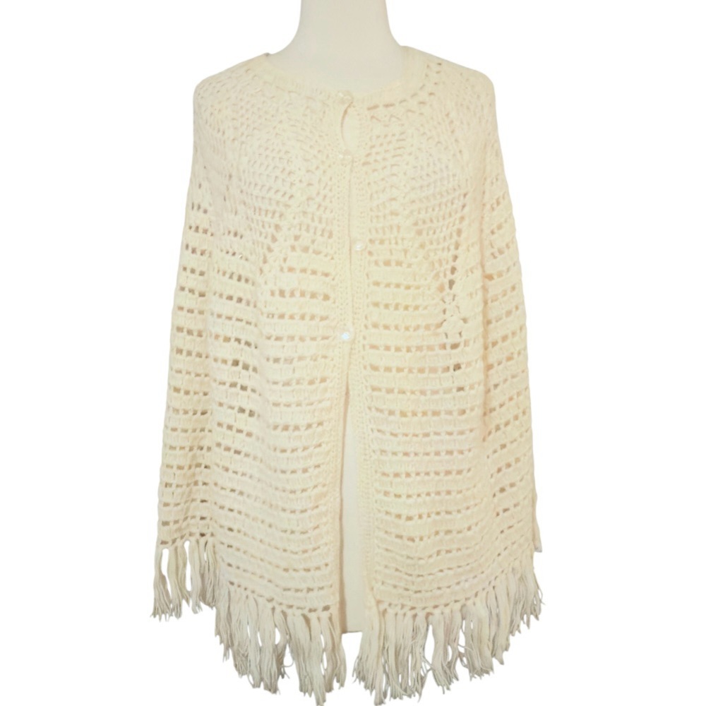 Vintage 1970’s Cream Crochet Cape with Fringe and Irridescent Button Down Front
